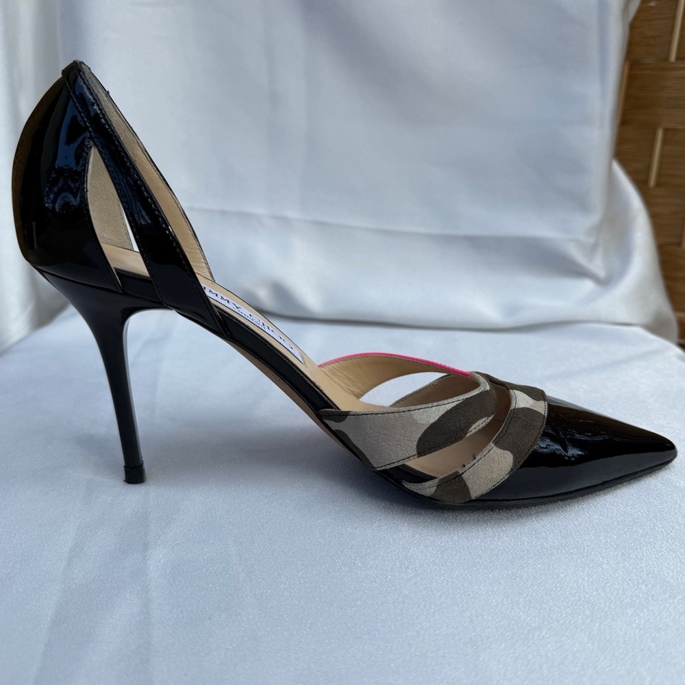 Jimmy Choo Patent Leather Printed D'Orsay Pumps Suede Camo Print Band Size 38 - Picture 9 of 13